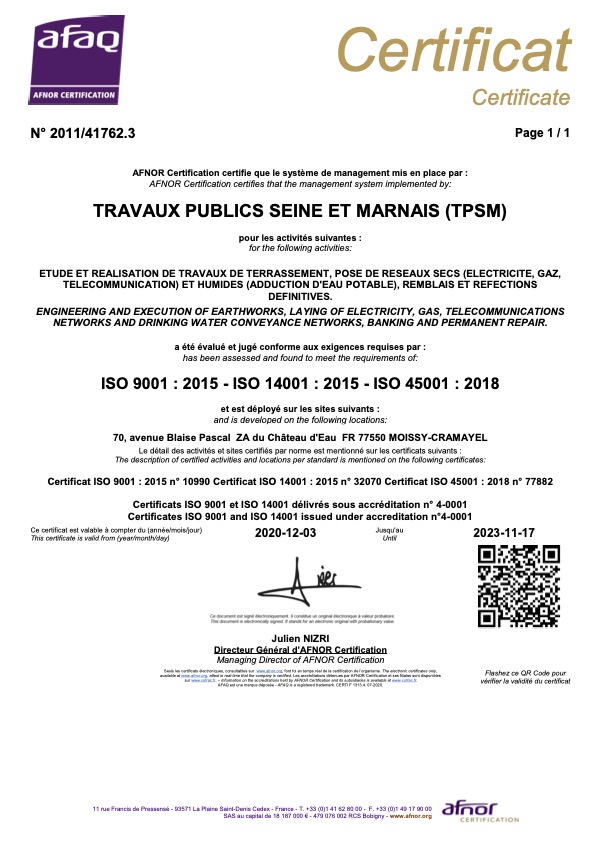 TPSM Certification AFNOR ISO 9001 - 14001